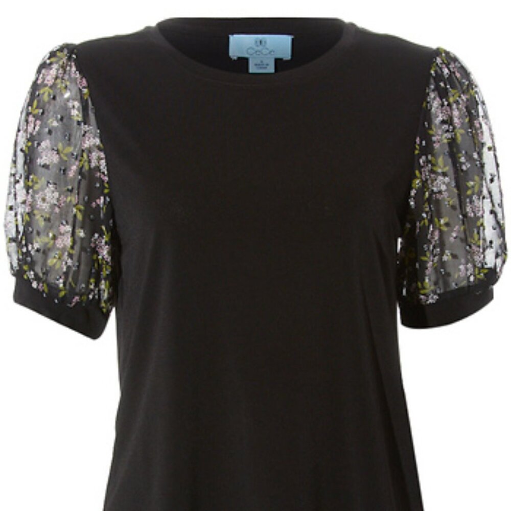 CeCe Summer Knit Mixed-Media Puff-Sleeve Top